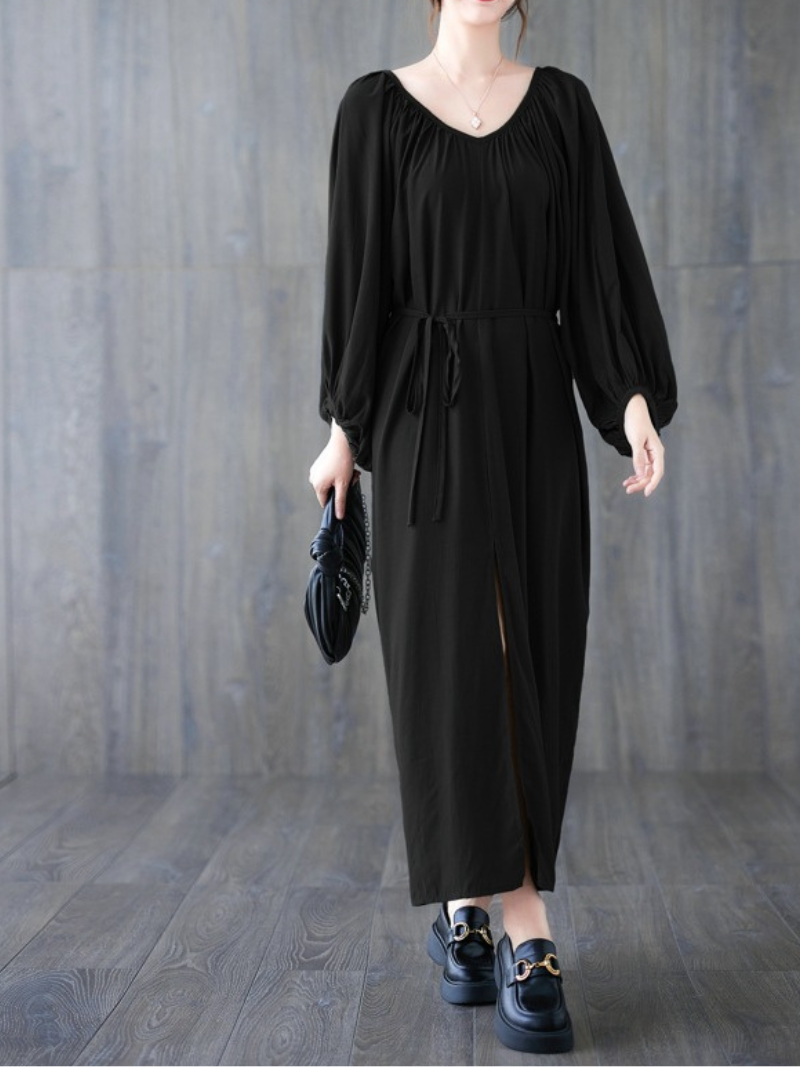 Gathered Neck Viscose Maxi Dress with Belt and Bishop Sleeves
