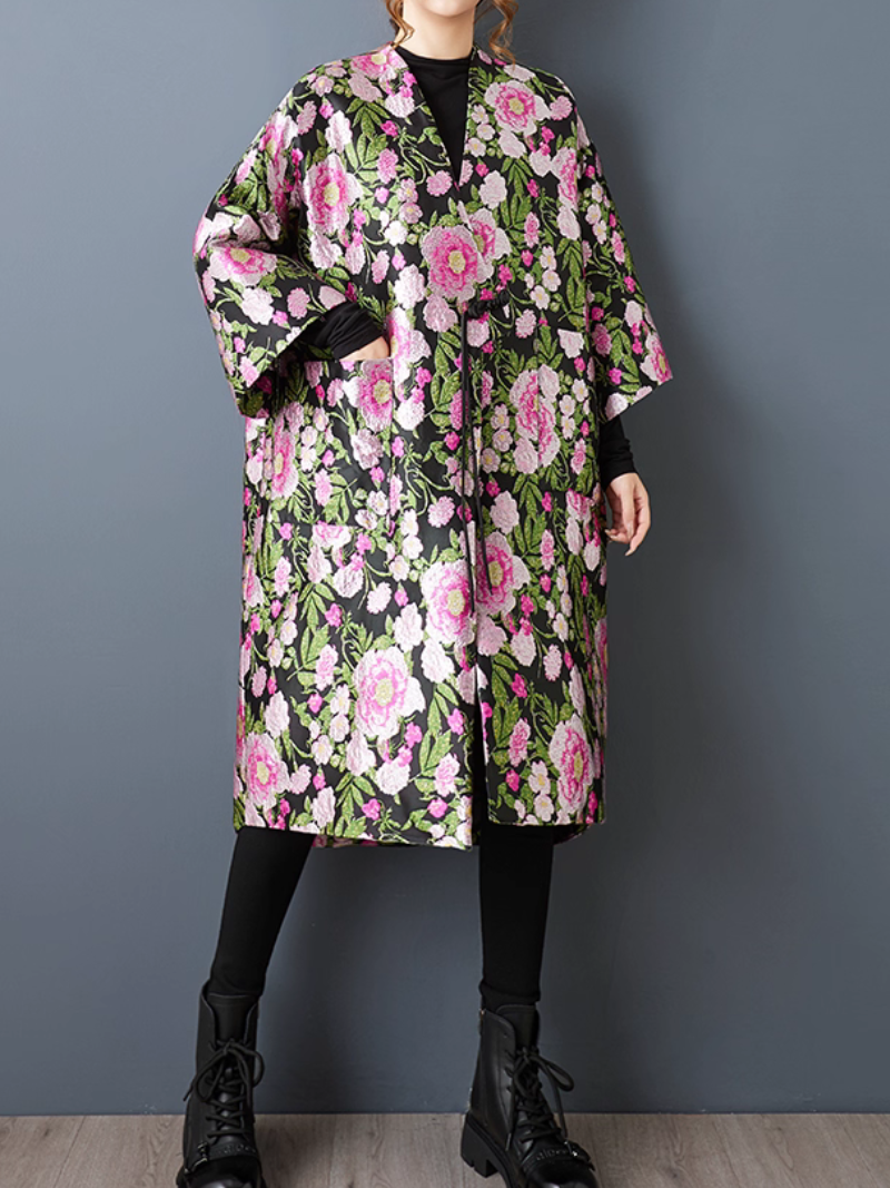 Vintage-Inspired Jacquard Floral Kimono – Oversized Duster Coat