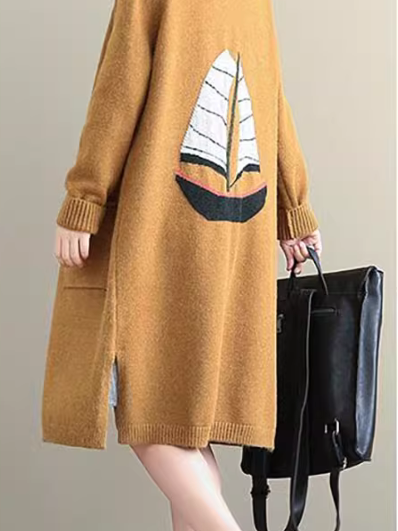 Longline Open-Front Knit Cardigan with Sailboat Back, Minimal Women’s Sweater