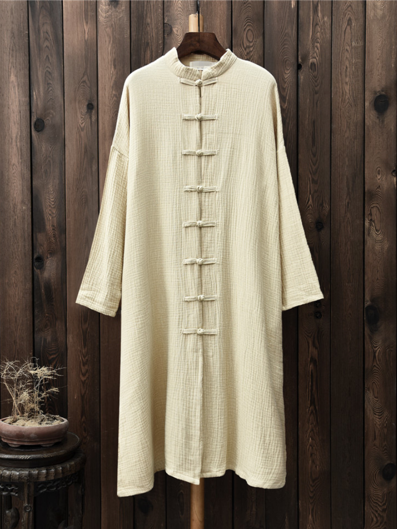 Elegant Cotton-Linen Mandarin Collar Midi Tunic Dress with Frog Buttons