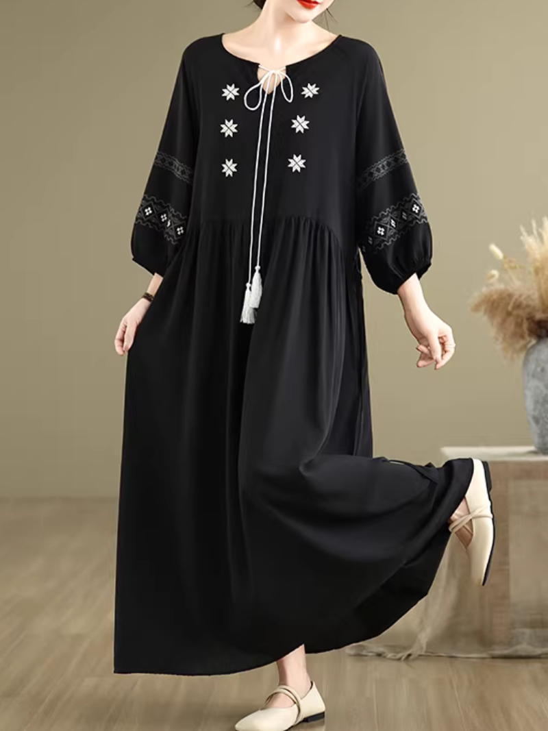 Embroidered Cotton-Linen Boho Maxi Dress with Tassel Tie Neck Detail
