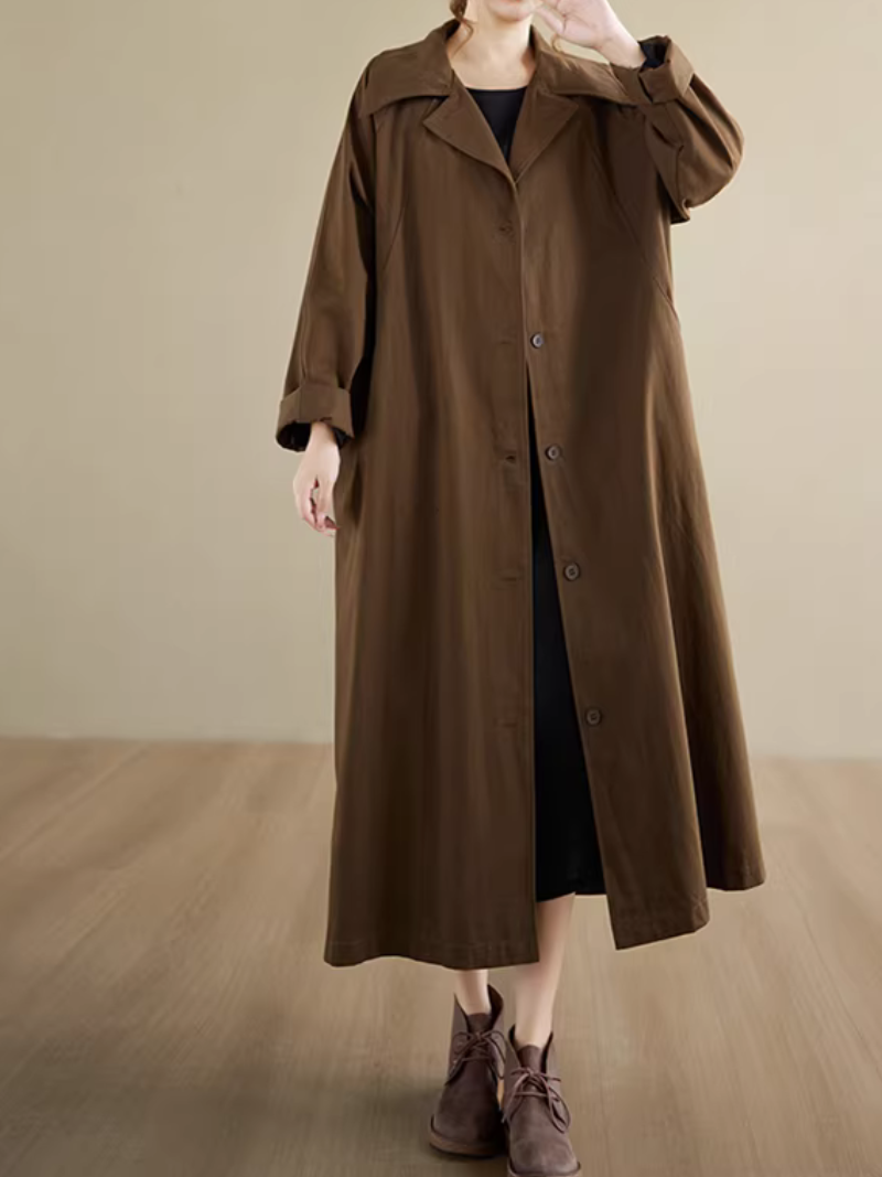 Chic Oversized Polyester Trench Coat with Notched Collar, Minimalist Women's Outerwear