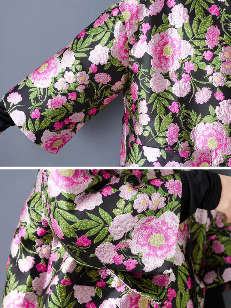 Vintage-Inspired Jacquard Floral Kimono – Oversized Duster Coat