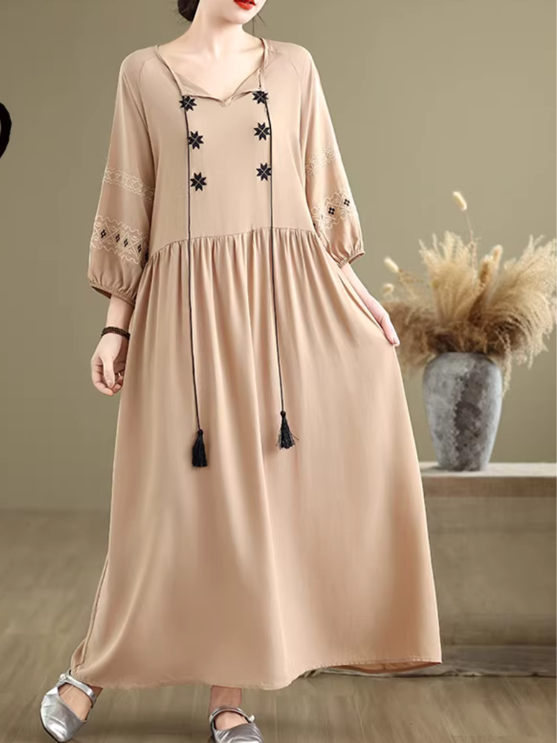Embroidered Cotton-Linen Boho Maxi Dress with Tassel Tie Neck Detail