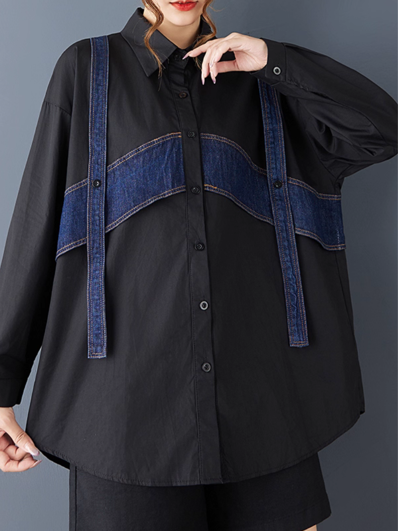 Oversized Button-Down Shirt with Denim Contrast Panels, Modern Minimal Elegance