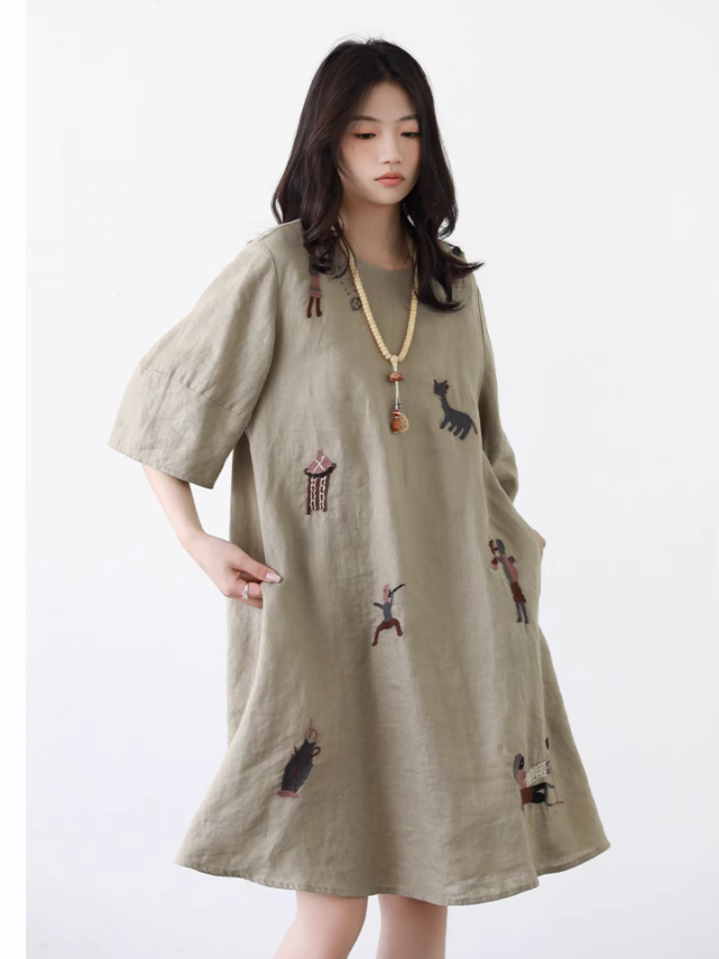 Embroidered Flax A-Line Linen Dress | Breezy Short Sleeves | Retrolily RetroLily Embroidered Flax A-Line Linen Dress | Breezy Short Sleeves | Retrolily RetroLily