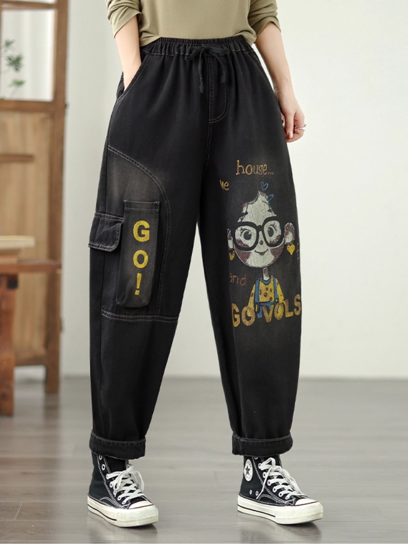 Graphic-Print Relaxed Denim Pants with Elastic Waist & Functional Pockets