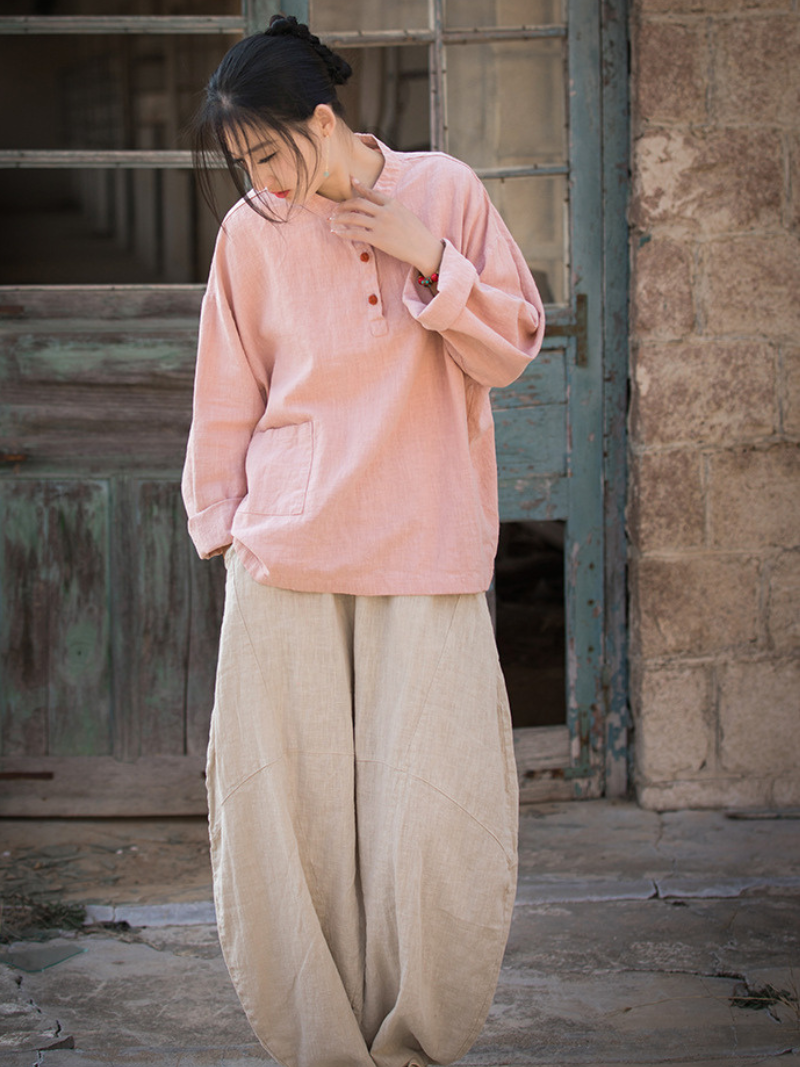 Artisan Mandarin-Collar Linen Blouse with Henley Buttons, Relaxed Silhouette, Pocket