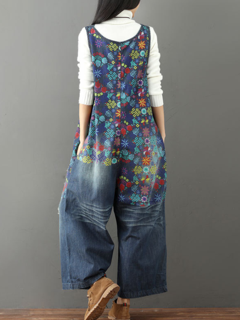 Women's Casual &Comfy Printed Jeans Wide Leg Overalls Dungaree