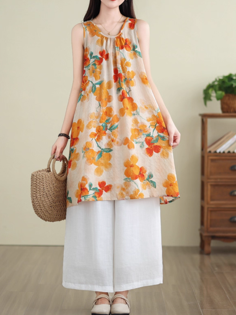  Women's Stylish Flower Printed A-line Midi Dress 