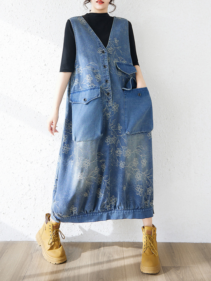 Floral Patchwork Denim Dress Pinafore Maxi with Oversized Pockets, Effortless Poise