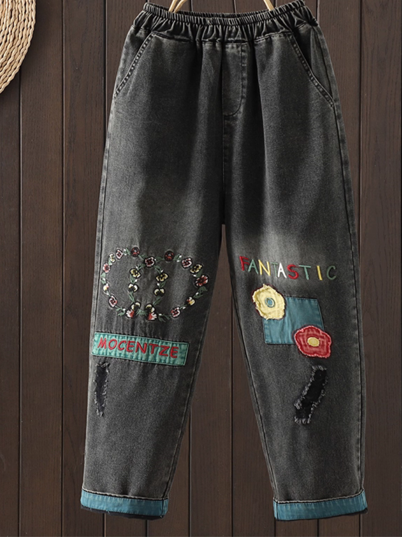 Relaxed Tapered Women’s Jeans in Cotton Denim with Patchwork Design