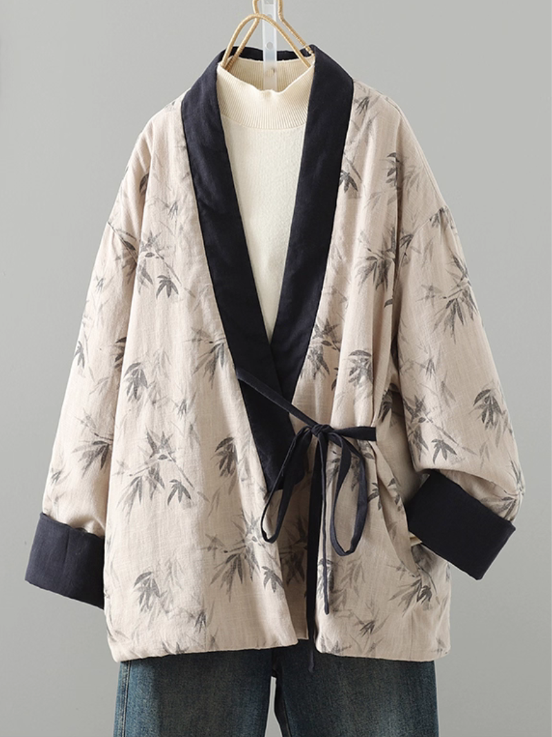 Bamboo Print Cotton-Linen Kimono Jacket with Contrast Trim and Tie