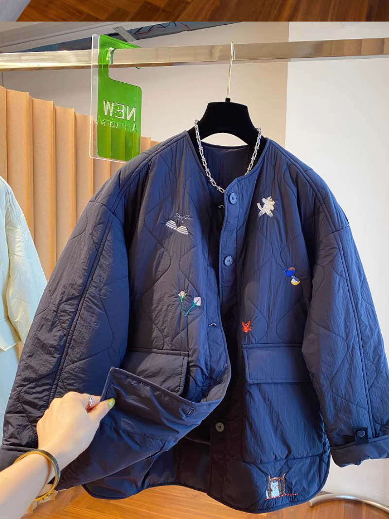 Embroidered Quilted Jacket with Patch Pockets & Oversized Silhouette