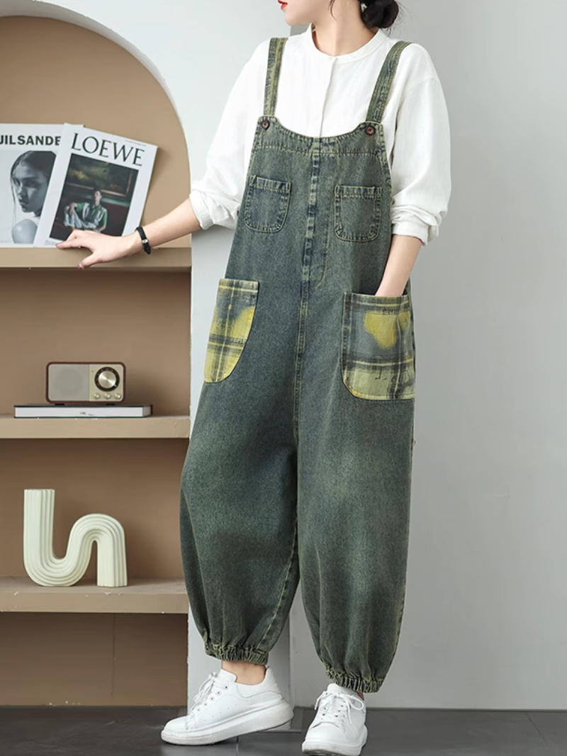 Women's Artistic Patchwork Jeans Wide-Leg Jumpsuit Dungaree