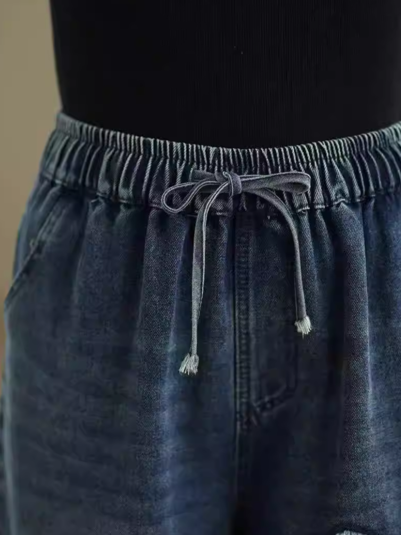 Artisanal Denim Cotton Culottes with Drawstring Waist and Whimsical Appliqué
