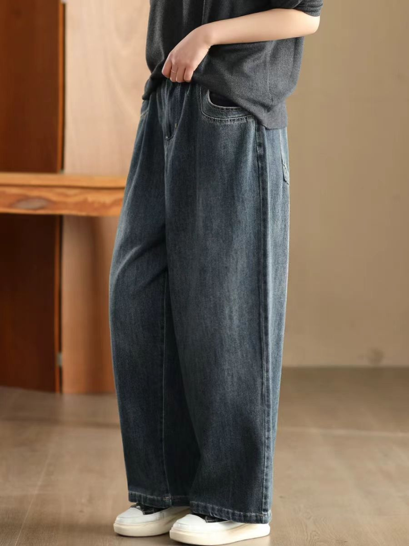 Relaxed Wide-Leg Denim Cotton Jeans with Elastic Waist, Effortless Chic