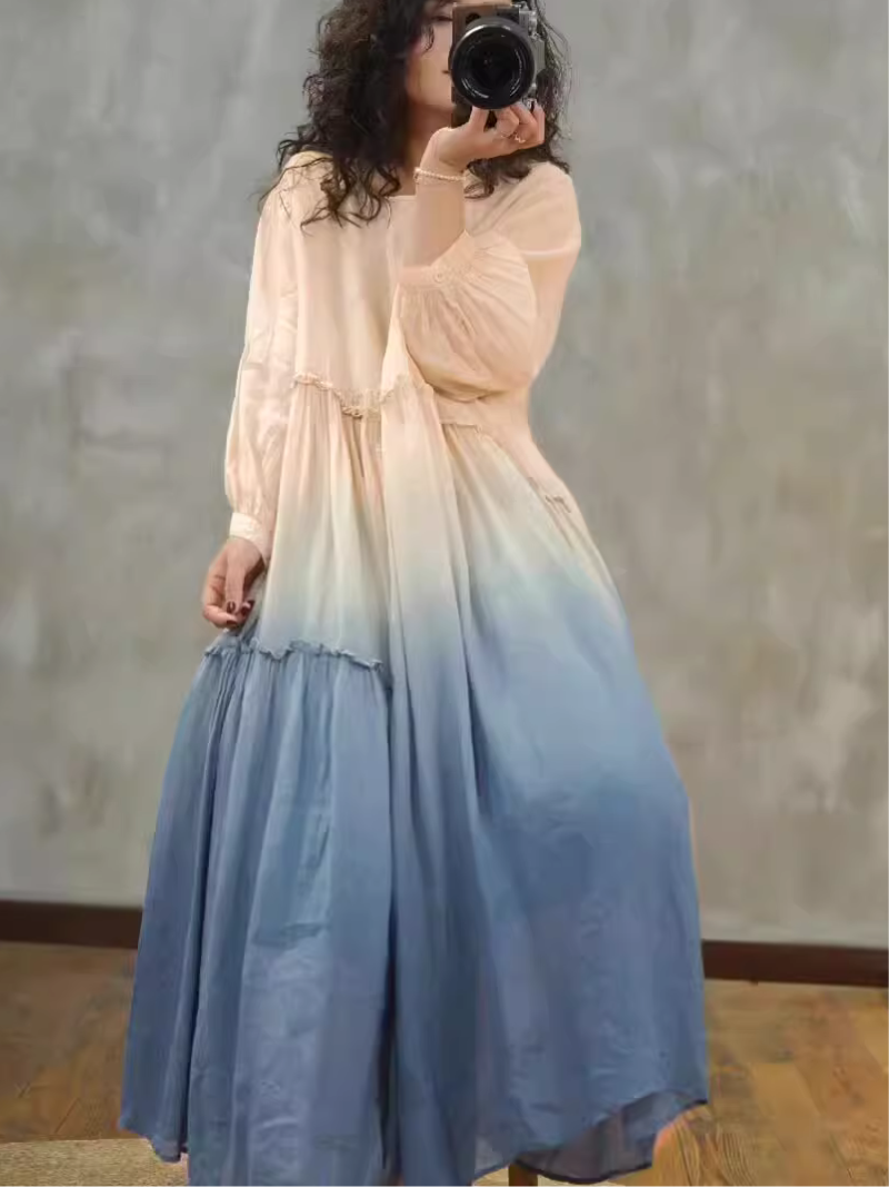 Ombre Ramie Maxi Dress with Gathered Tiers and Poet Sleeves
