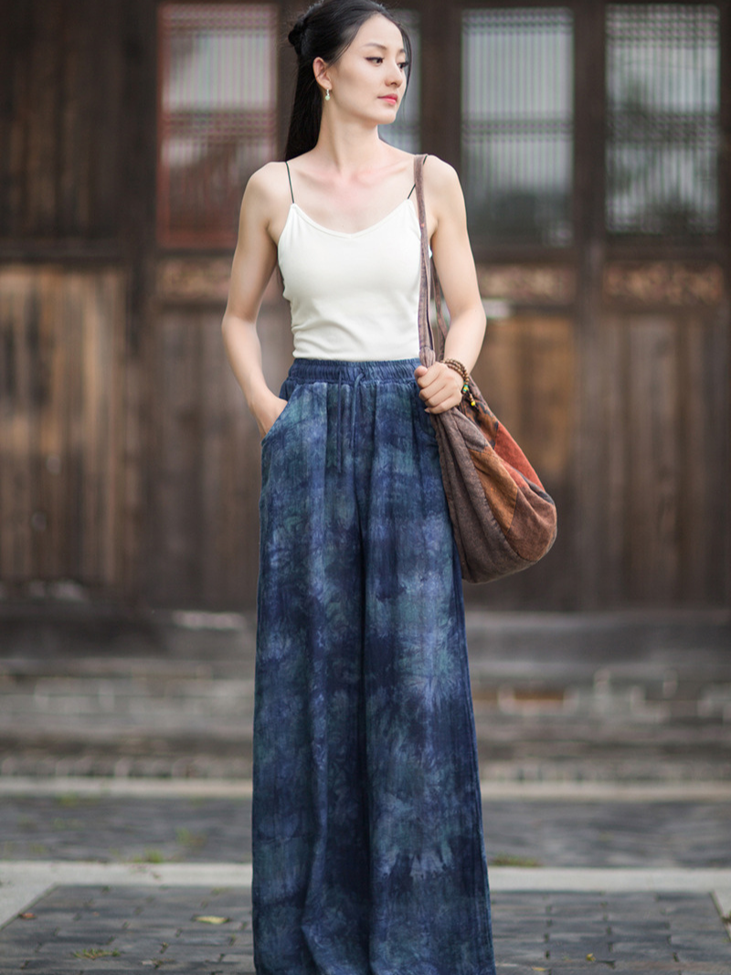 Artisanal Linen-Cotton Wide-Leg Palazzo Pants with Pockets, Women's Summer Elegance