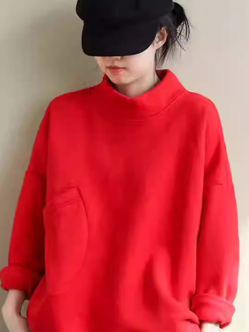 Chic Mock-Neck Oversized Sweatshirt with Asymmetric Pocket, Effortless Everyday Elegance