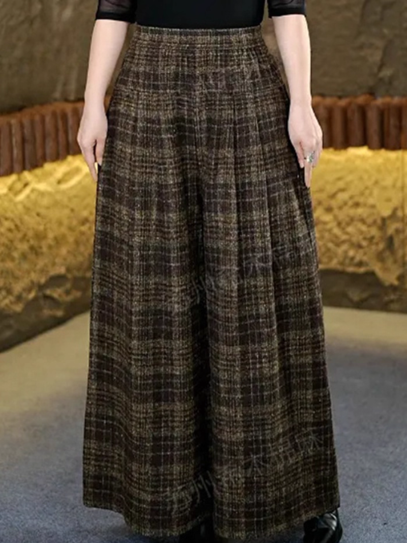 Chic High-Waist Plaid Wide-Leg Trousers, Tailored Polyester Palazzo Pants for Workdays