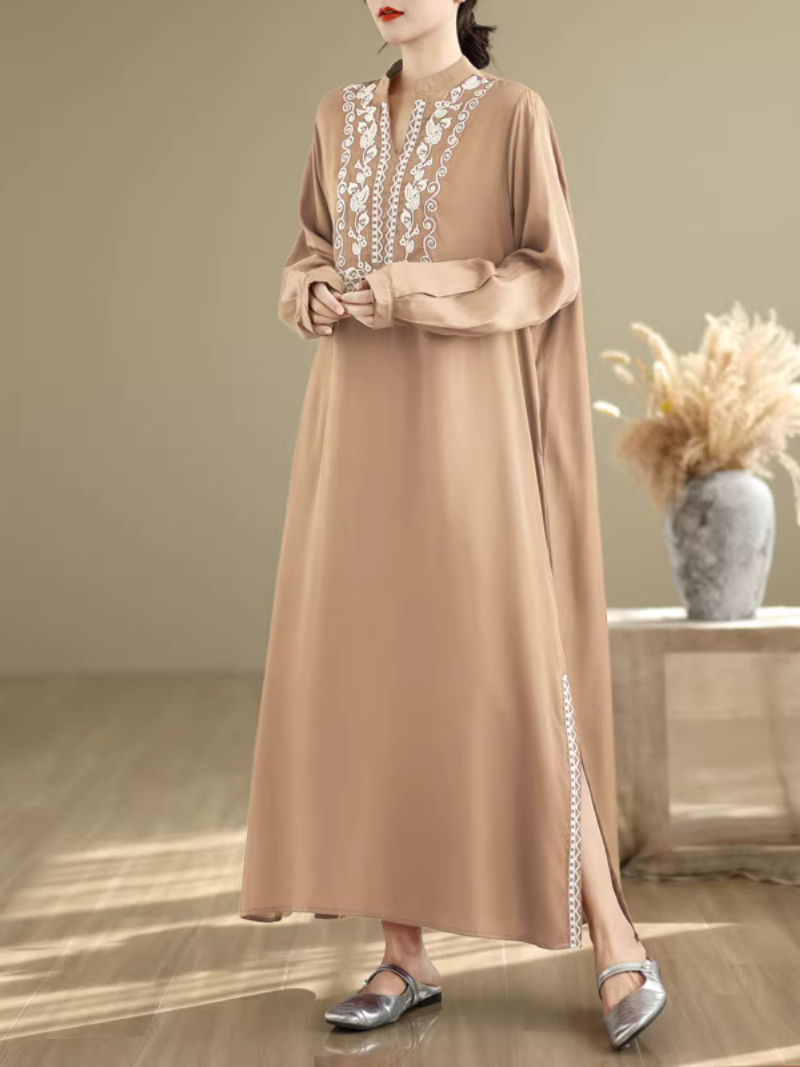 Embroidered Cotton-Linen Kaftan Maxi Dress with Mandarin Neckline