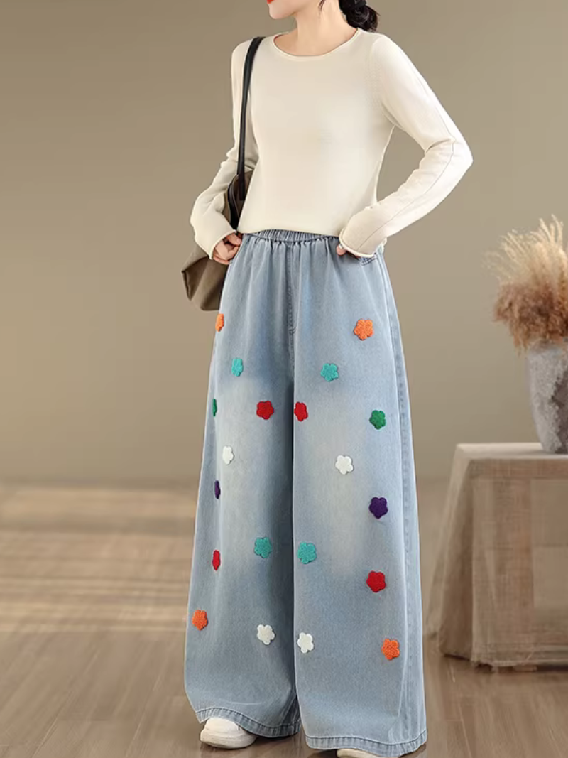 Artful Appliqué Wide-Leg Denim Cotton Pants, Relaxed High-Waist Jeans