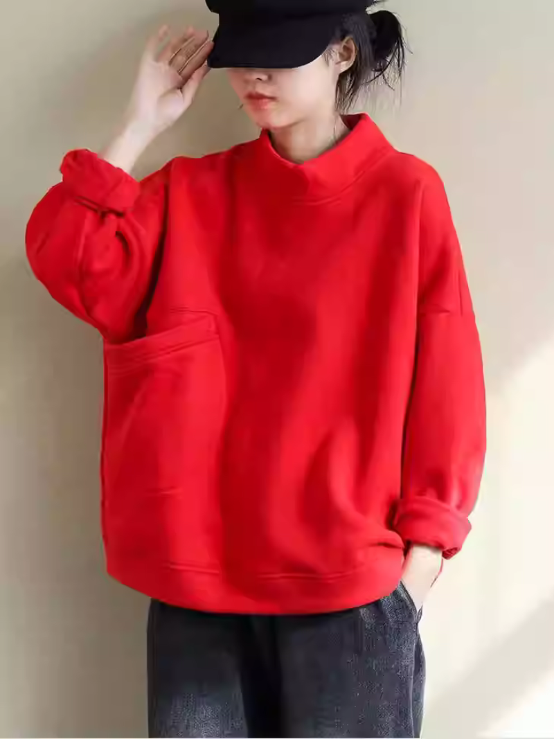 Chic Mock-Neck Oversized Sweatshirt with Asymmetric Pocket, Effortless Everyday Elegance