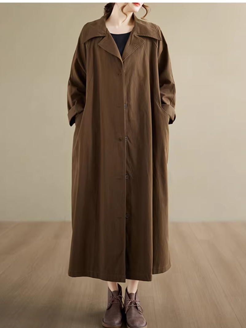 Chic Oversized Polyester Trench Coat with Notched Collar, Minimalist Women's Outerwear