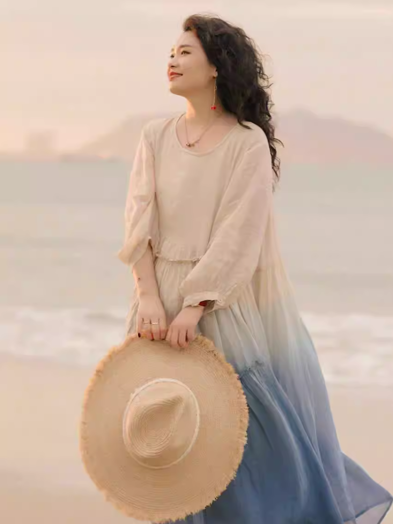 Ombre Ramie Maxi Dress with Gathered Tiers and Poet Sleeves