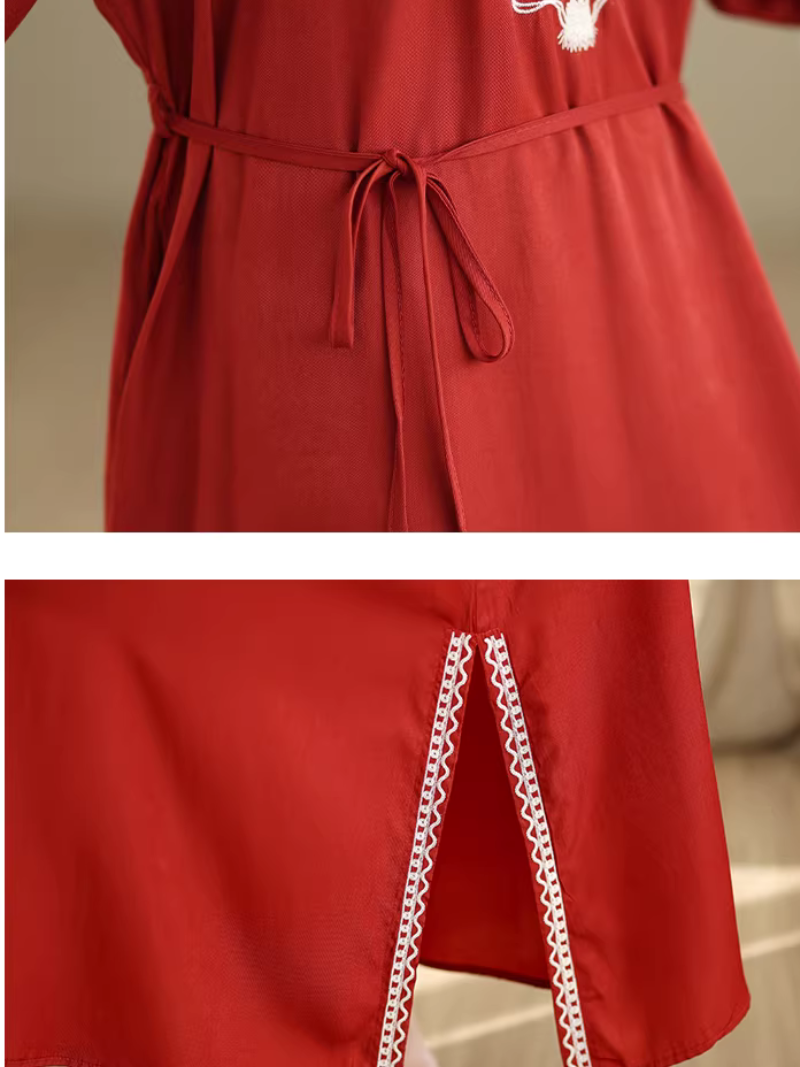 Embroidered Cotton-Linen Kaftan Maxi Dress with Mandarin Neckline