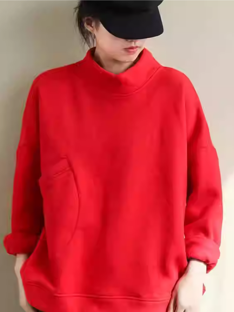Chic Mock-Neck Oversized Sweatshirt with Asymmetric Pocket, Effortless Everyday Elegance