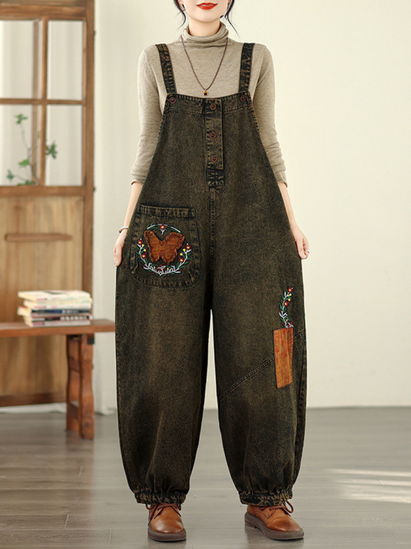 Artisanal Denim Overalls in Cotton with Embroidered Patchwork, Relaxed Jumpsuit