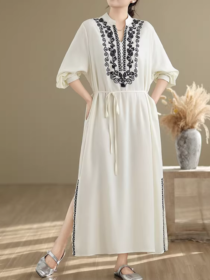 Embroidered Cotton-Linen Kaftan Maxi Dress with Mandarin Neckline