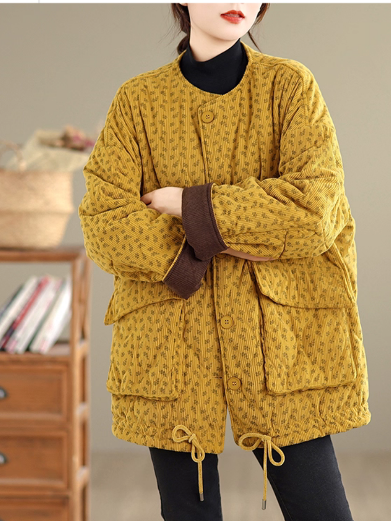 Quilted Corduroy Jacket with Patch Pockets, Round Neck and Drawstring Hem