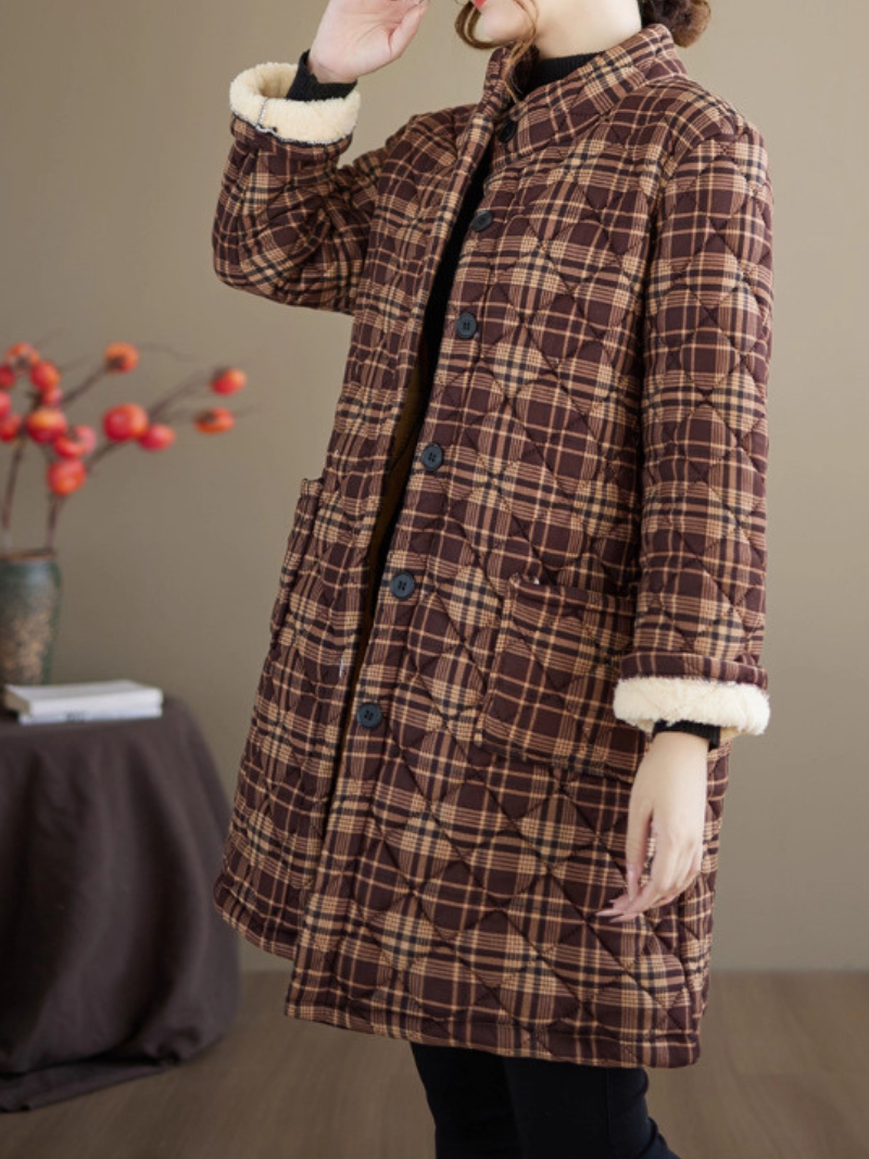 Quilted Plaid Stand-Collar Coat in Cotton & Flax with Patch Pockets