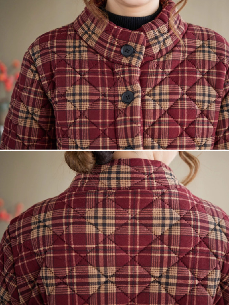 Quilted Plaid Stand-Collar Coat in Cotton & Flax with Patch Pockets