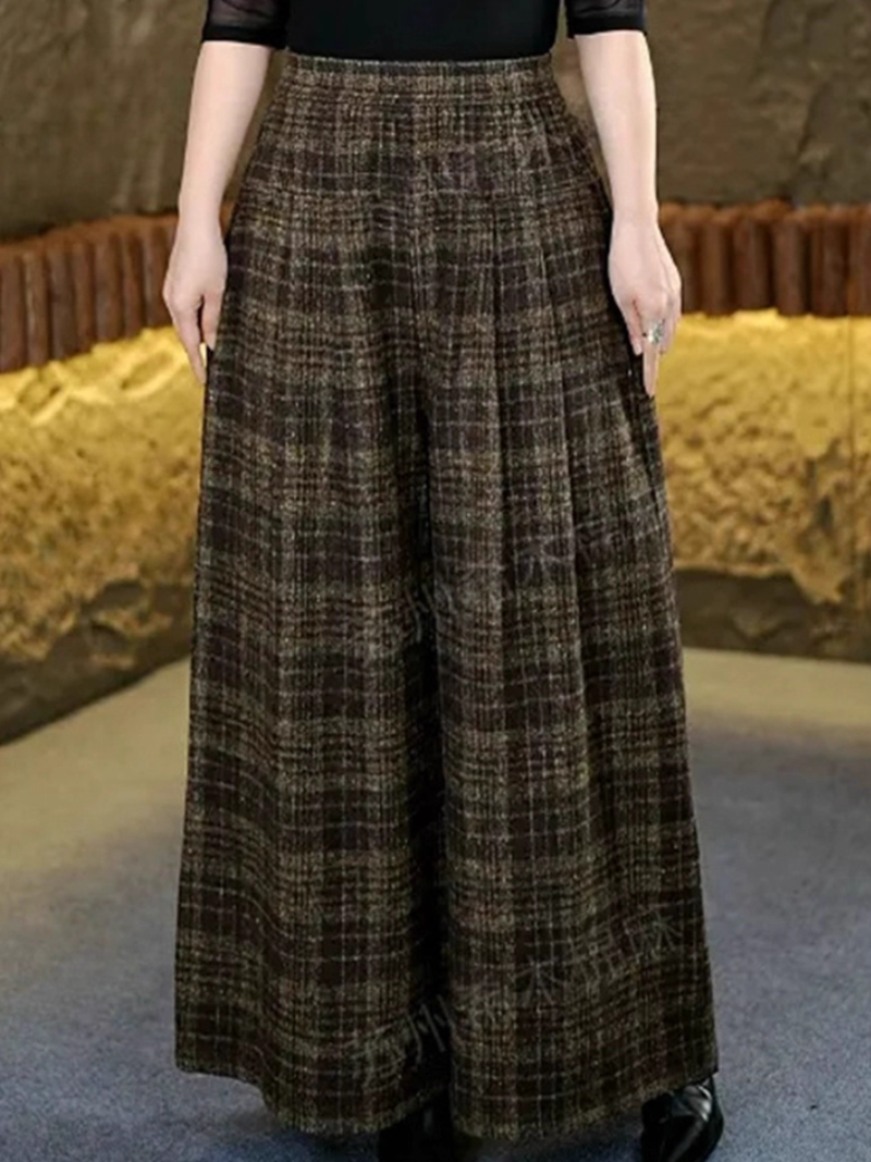 Chic High-Waist Plaid Wide-Leg Trousers, Tailored Polyester Palazzo Pants for Workdays