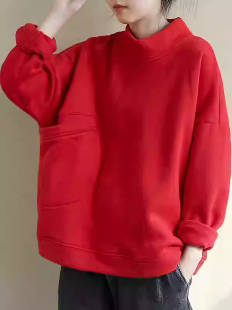 Chic Mock-Neck Oversized Sweatshirt with Asymmetric Pocket, Effortless Everyday Elegance