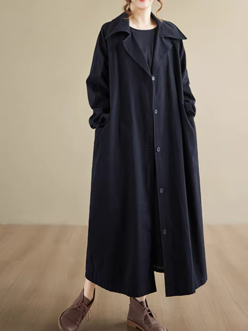 Chic Oversized Polyester Trench Coat with Notched Collar, Minimalist Women's Outerwear