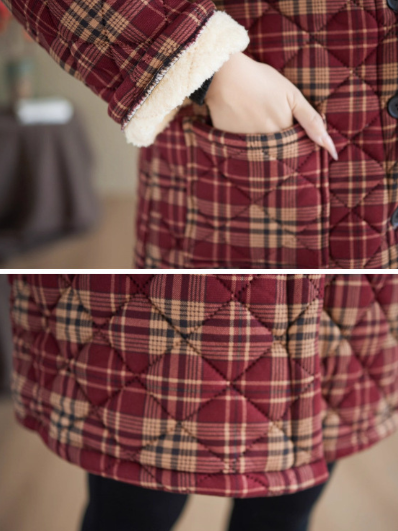 Quilted Plaid Stand-Collar Coat in Cotton & Flax with Patch Pockets