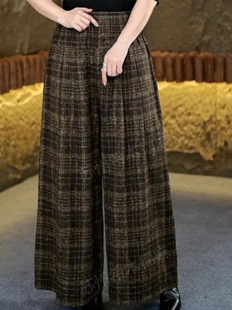 Chic High-Waist Plaid Wide-Leg Trousers, Tailored Polyester Palazzo Pants for Workdays