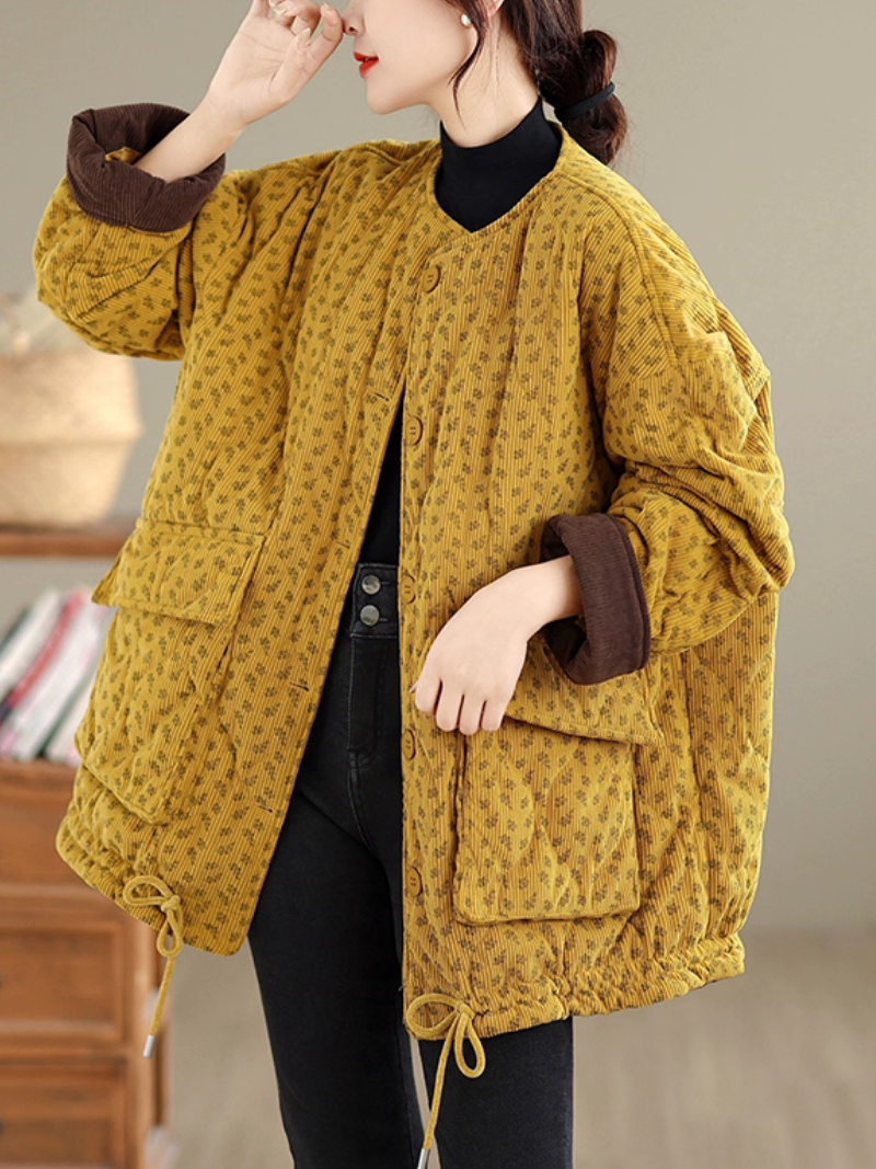 Quilted Corduroy Jacket with Patch Pockets, Round Neck and Drawstring Hem