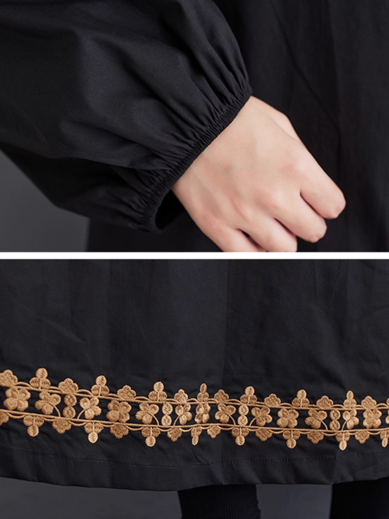 Embroidered Button-Front Shirt Dress with Lantern Sleeves, Chic and Elegant