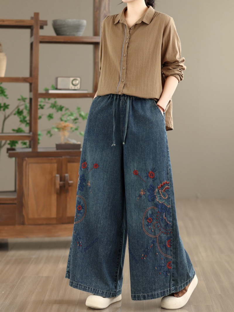 Artisanal Embroidered Wide-Leg Denim Cotton Pants with Drawstring Waist and Pockets