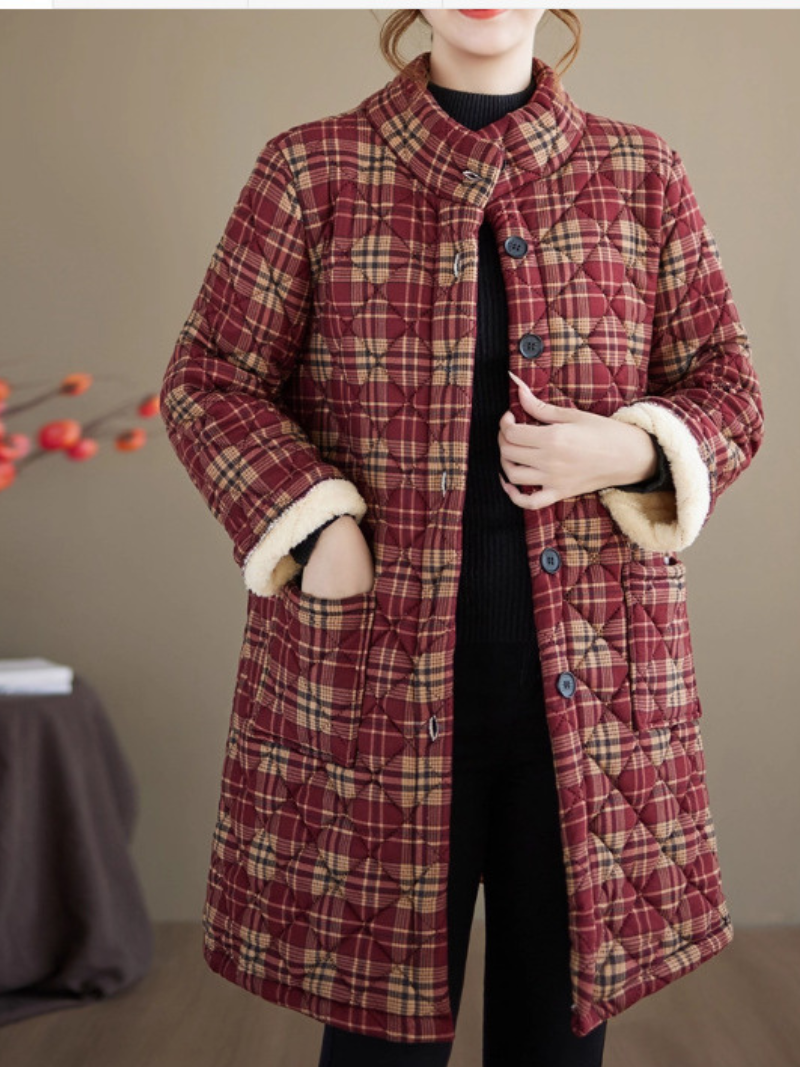 Quilted Plaid Stand-Collar Coat in Cotton & Flax with Patch Pockets