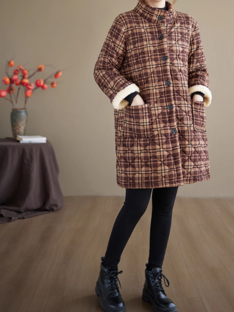 Quilted Plaid Stand-Collar Coat in Cotton & Flax with Patch Pockets