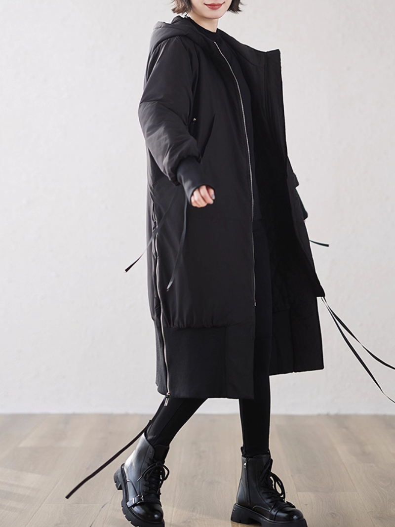 Modern Longline Hooded Parka for Women – Minimal Zip Design