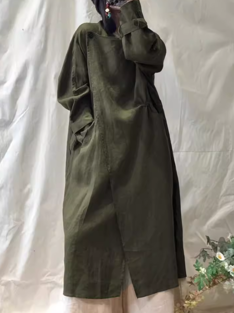 Women's Draped Waterfall Trench Coat in Breathable Cotton-Linen, Minimal Elegance