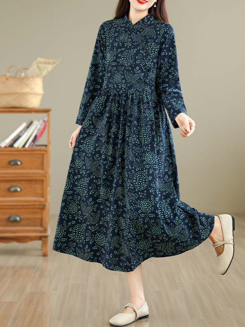 Artisanal Printed Cotton Maxi Dress with Mandarin Collar & Long Sleeves